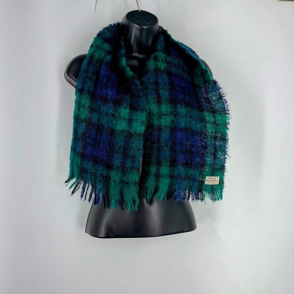 St Michael Mens Black Watch Tartan Mohair Wool Scarf Made in Scotland Green Blue